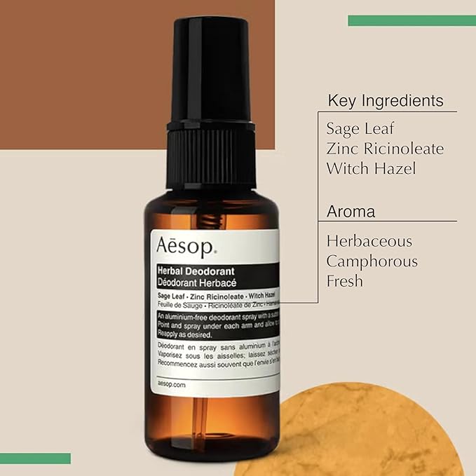 Aesop Aluminum Free Herbal Deodorant Spray for Women &amp Men | Sage Leaf and Zinc to Reduce Odor and Bacteria + Witch Hazel Soothes Skin | Vegan &amp Cruelty-Free | 1.7 oz (Pack of 2)