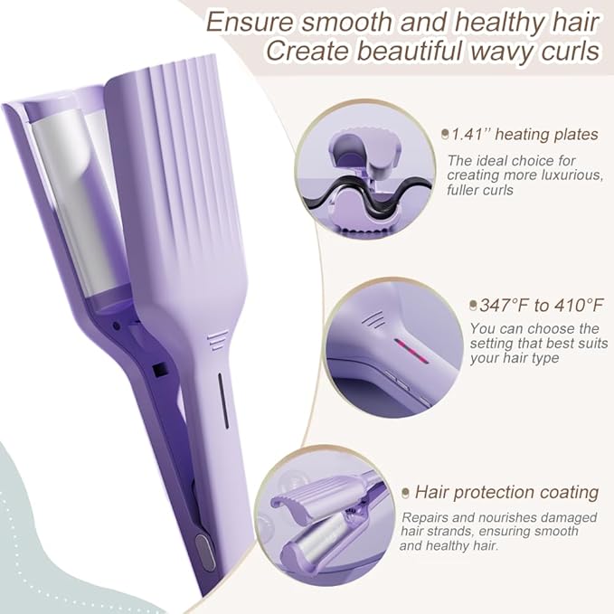 Beach Wave Curling Iron for Women 36mm (1.41”) Hair Crimper with 3 Temperature Settings Fast Heating Ionic Hair Curler Tool with Intelligent Power Off for Hair Styling (Purple)