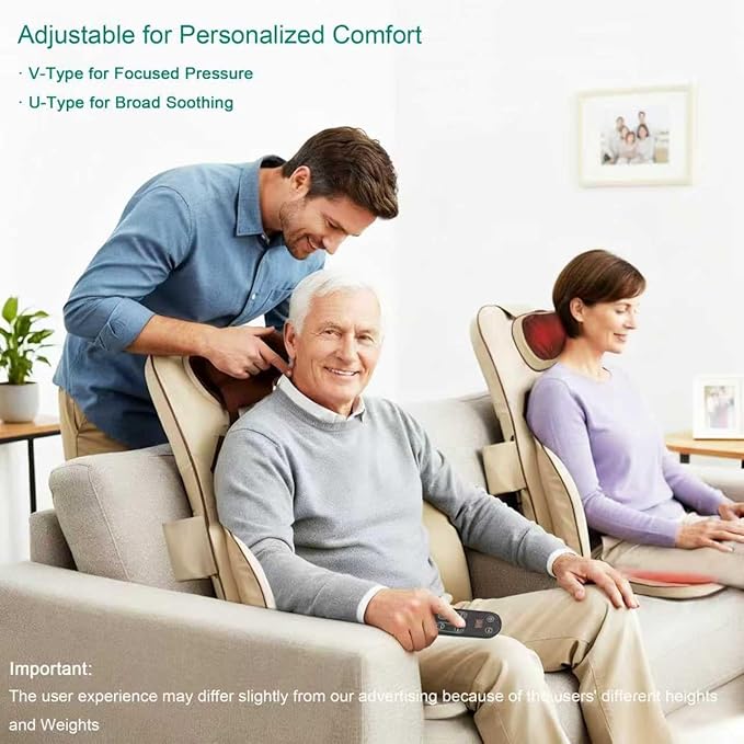Shiatsu Neck Back Massager Chair Pad w/Heat - Back Massager for Pain Relief Deep Tissue Full-Back Kneading Rolling - Adjustable Neck Height &amp Intensity