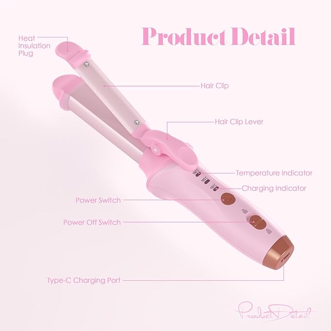 Bestauty Small Cordless Curling Iron 1 inch Mini Dual Purpose Curling/Flat Iron - Hair Straightener and Curler 2 in 1 Rechargeable Wireless Travel Hair Curling Iron for Short Hair (Pink)