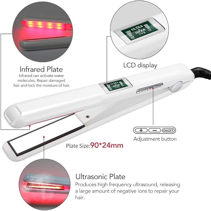 Pro Infrared Hair Straightener Cold Flat Iron for Repair Damaged Hair LCD Display 360° Swivel Cord White