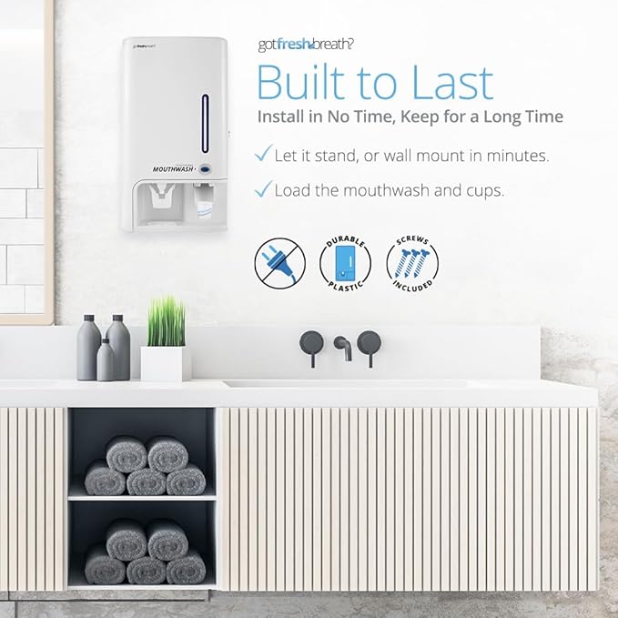GotFreshBreath Commercial Mouthwash Dispenser with Cup Holder – Standing or Wall-Mounted Slim Commercial Mouthwash Dispenser with 100 Cups &amp 50 Oz. Alcohol-Free Mouthwash (White)