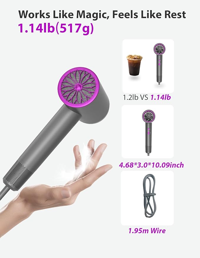 NUTROMO Hair Dryer 3 Min Fast Drying-110000 RPM Professional High Speed Blow Dryer 200 Millions Negative Ionic Care Hair Dryer Low Noise Thermo-Control Hairdryer Travel with Nozzle (Gray&ampPurple