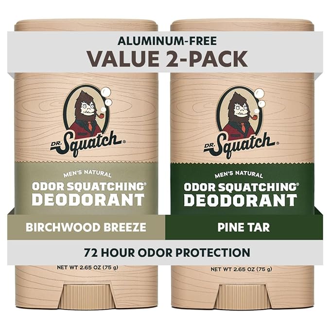 Dr. Squatch Natural Men’s Deodorant – Aluminum Free Natural Deodorant Men with Charcoal &amp Postbiotics for 72-Hour Odor Protection – Pine Tar + Birchwood Breeze 2.65oz Stick (2-Pack)