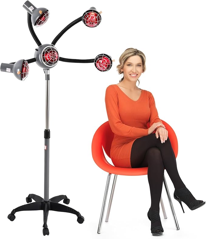 5 Head Infrared Heat Lamp750W Standing Salon HairRed Lamp Salon Hair Steamer Perming Dyeing Adjustable Height Machine with Flexible Arms and Rolling Base