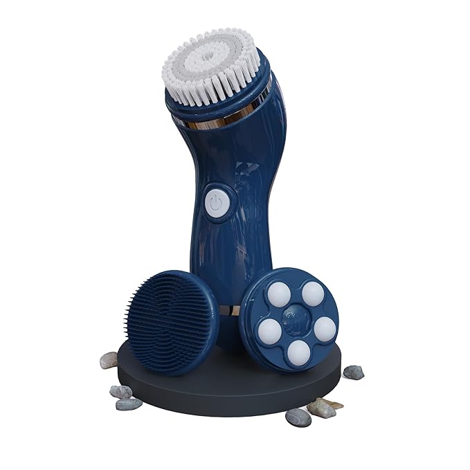 Perry Ellis 4-in-1 Cordless Massage and Cleansing Set with 4 Brush Heads Exfoliating Face Scrubber with Massager Rotating Scrub Brush Facial Skincare Products Carrying Case for Travel Included