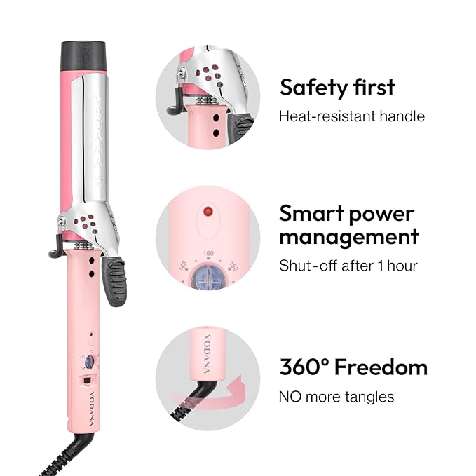 VODANA Professional GlamWave Ceramic Curling Iron Long-Lasting Natural Curls Instant Heat Hair Curler Curling Wand Available in USA (1.4 inch Pink)