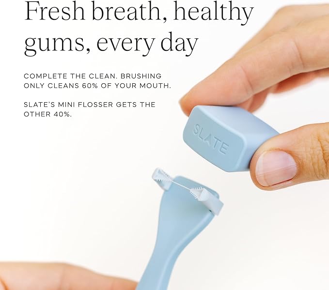 Slate Flosser Mini - Reusable Floss Pick with Gum Brush &amp Tongue Scraper Dentist-Invented PFAS/PTFE-Free Travel-Ready | White &amp Blue Nano-Hydroxyapatite (nHa) Mini Flosser 2-Pack