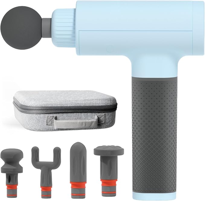 Sharper Image Deep Tissue Percussion Massage Gun Powerboost Rechargeable Handheld Massager 6 Adjustable Speeds 5 Attachment Heads &amp Carrying Case Full Body Muscle Pain Relief Light Blue