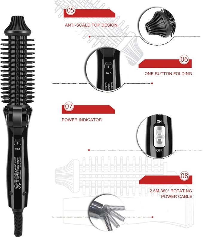 Ceramic Tourmaline Foldable Anion Hair Brush Curler Hair Curling Iron Hair Styling Tools (US Plug 110‑240V)