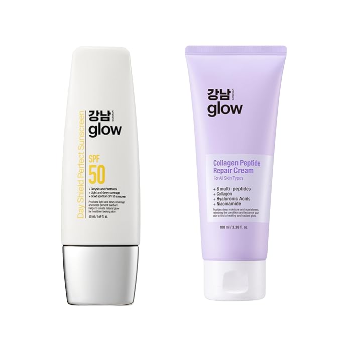 Day Shield Perfect Sunscreen SPF 50 1.7fl oz + Collagen Peptide Repair Cream 3.38 fl oz Tinted Sunscreen Face Moisturizer with Collagen Peptides and Niacinamide Korean skincare