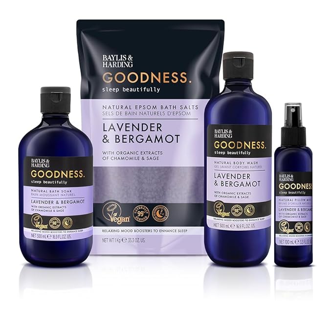 Baylis &amp Harding Goodness Sleep Lavender &amp Bergamot Bundle: 4 x 16.9 fl. oz Bath Soak &amp 4 x 33.8 fl. oz Bath Salts - Vegan Friendly