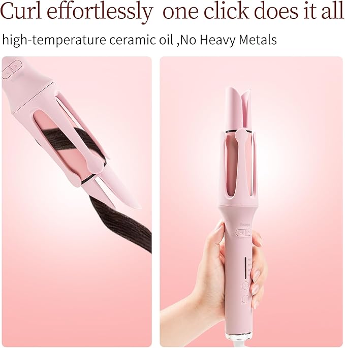 Automatic Rotating Curling Iron with 4 Temperature - Beach Waves Curling Wand Portable Hair Curler Dual Voltage &amp Lightweight for Travel Automatic Shut-Off Anti-Scald-Pink