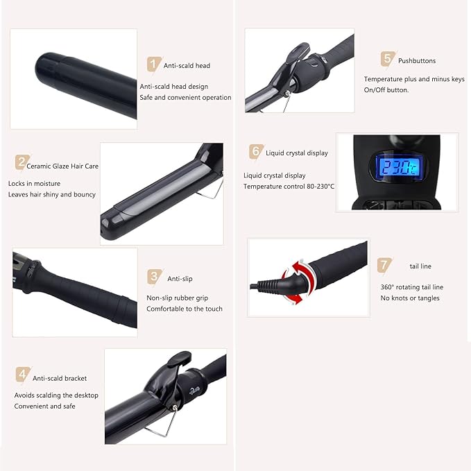 DONGXIAO Curling Iron with Clamp Curler for Long Hair Curling Iron 38mm Ceramic Curling Iron 19mm Curling Iron Ceramic Glass Curler (Size:32MM)