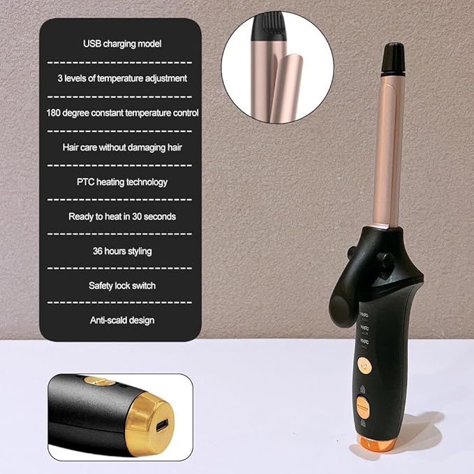 Cordless Curling Iron Rechargeable USB Rechargeable 4000 mAh Cordless Hair Curler 356°F Mini Travel Curling Iron 3 Temp Setting Travel Portable 2 in 1 Hair Straightener and Curler