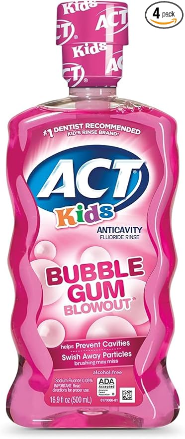 ACT Anticavity Kids Bubblegum Blowout Alcohol Free Fluoride Rinse 16.9 fl oz - Buy Packs and SAVE (Pack of 4)
