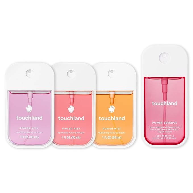 Touchland JUICY BLISS SET Power Mist Hydrating Hand Sanitizer Spray (Watermelon Berry Peach) 1 FL. OZ. + Lush Tropicale Body &amp Hair Fragrance Mist 2 FL. OZ. + Travel Size Set