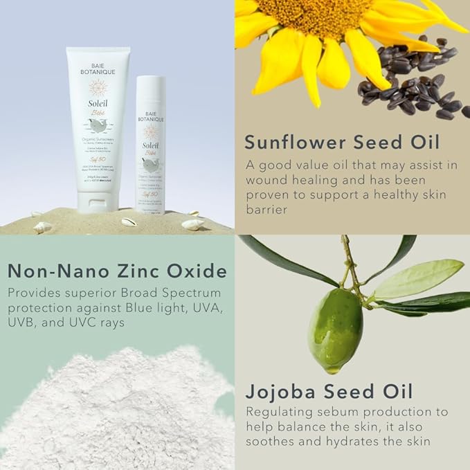 Baie Botanique Soleil Bébé - Organic Non-Toxic Mineral Baby Sunscreen SPF 50 - Sunflower &amp Jojoba - Unscented - Natural - Vegan - No White Cast - Reef Safe - UVA/UVB - 100g