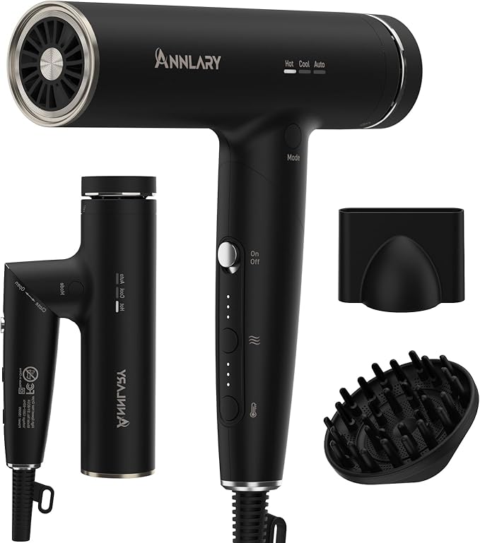 ANNLARY Plasma Ion Hair Dryer with Diffuser for Curly Hair 110000 RPM Professional High Speed Blow Dryer with Plasma Ion 1500W Foldable Travel Hairdryer with 6.5 Ft Cord Fast Drying for Women Men