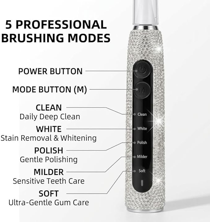 Diamond Sonic Electric Toothbrush Bling Rechargeable Toothbrushes for Adults with 6 Brush Heads Vibrating Toothbrush-5 Modes USB-C Fast Charge2Min Smart TimerIPX7 Waterproof(White)