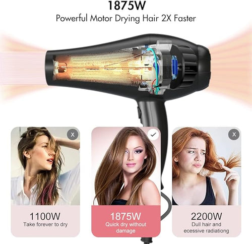 1875W Far Infrared Hair Dryer | Powerful AC Motor Blow Dryer Fast Drying | 2 Speed 3 Heat with Cool Shot | ETL Certified with ALCI Safety Plug | Concentrator &amp Diffuser &amp Comb | 2.65M Long Cor