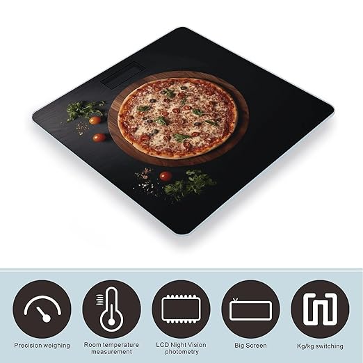 Pizza Wood on Board Scale for Body Weight Anti-Slip Tempered Glass Digital Bathroom Scales Clear LCD Display Weighing Scale Safe Rounded Corners Smart Scales