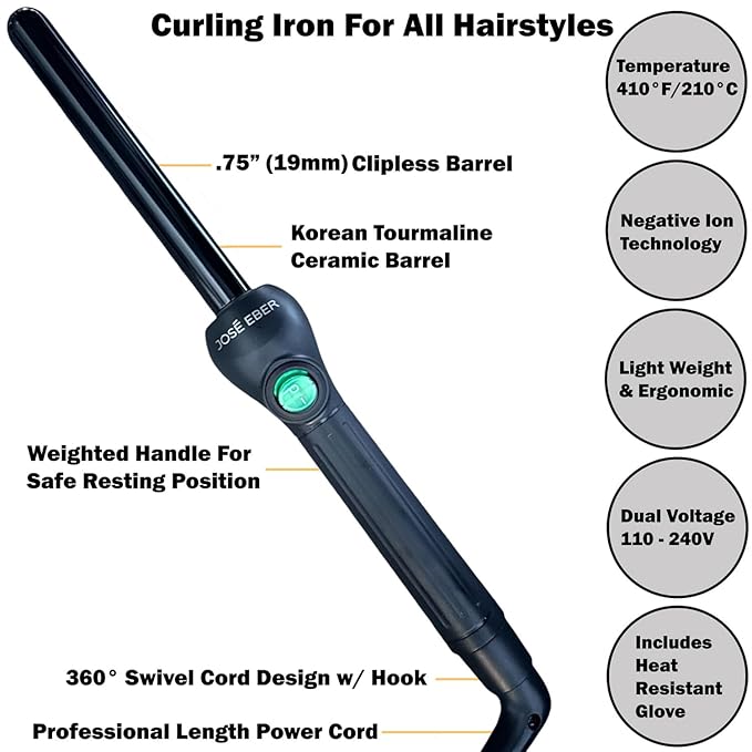 Jose Eber: Clipless Curling Iron .75 (19mm) - Black - Professional Tourmaline Ceramic Barrel Wand Styling Tool Ion Technology Heat Resistant Glove