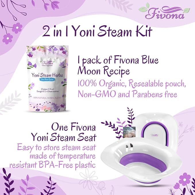 FIVONA 2-in-1 Yoni Steaming Kit Over the Toilet Seat with V Steam Herbs Blue Moon Recipe for Detox Cleansing PH Balance and Odor Control