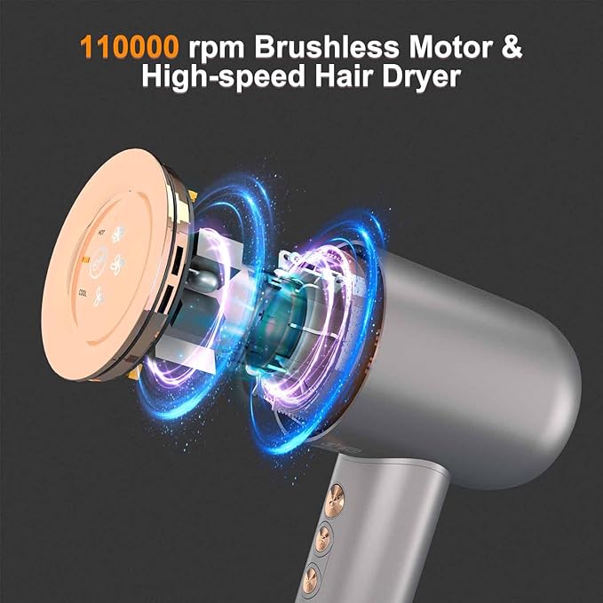 Hair Dryer - 110000 RPM High-Speed Brushless Motor Negative Ionic Blow Dryer for Fast Drying Low Noise Thermo-Control Hair Dryer with Magnetic Nozzle Silvery