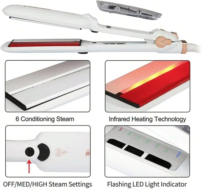 Professional Steam Hair Straightener 2-Inch Infrared Ceramic Flat Iron Adjustable Temperature 300-450°F White