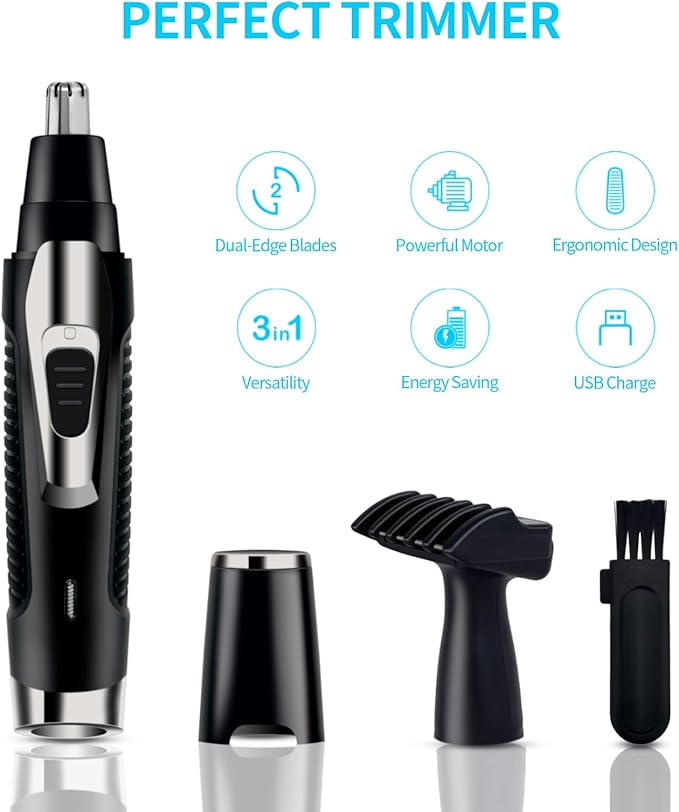 Nose Hair Trimmer Rechargeable Ear and Nose Hair Trimmer for Men Women Professional Painless Trimmer Clipper for Eyebrow Facial Ear Sideburns Washable Dual Edged Blade for Easy Cleansing Black