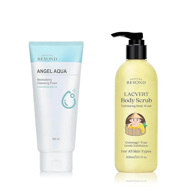 BEYOND Lacvert Body Scrub Peeling Gel (Lemon 10.1fl oz) - Body Wash &amp Shower Gel for Gentle Exfoliation &amp Angel Aqua (Cleansing Foam 10.1fl oz) - Vegan Formula Korean Skin Care. Gentle Hydra