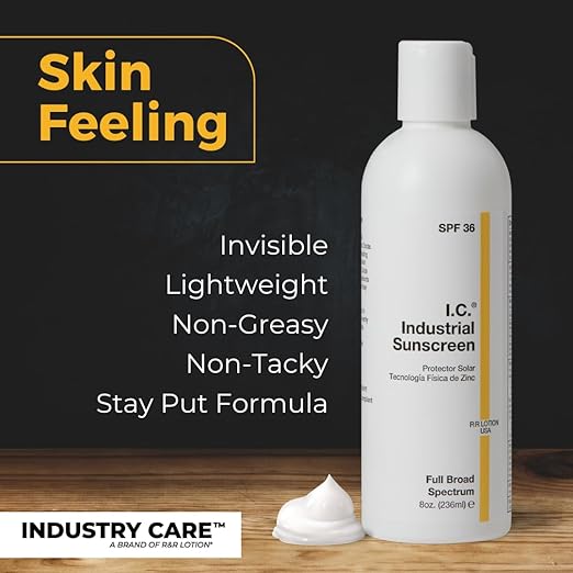 I.C. Industrial Sunscreen Mineral Based SPF 36 Physical Zinc Protection Full Broad Spectrum 80 Minute Sweat &amp Water Resistant Heat Stress Anti-Inflammatory Properties. USA 8oz Bottle (ISSC-8)
