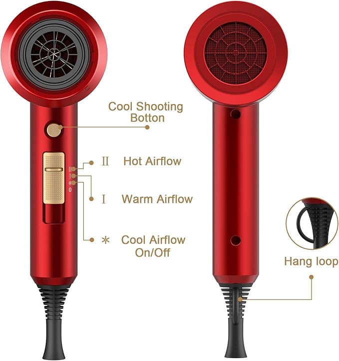 Slopehill Professional Ionic Hair Dryer Powerful 1800W Fast Drying Low Noise Blow Dryer with 2 Concentrator Nozzle 1 Diffuser Attachments for Home Salon Travel (Agate Red)