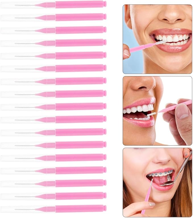 200pcs Pink Interdental Brushes Tooth Flossing Brush for Plaque Removal Gum Care Oral Cleaning Tool for Braces and Daily Dental Hygiene