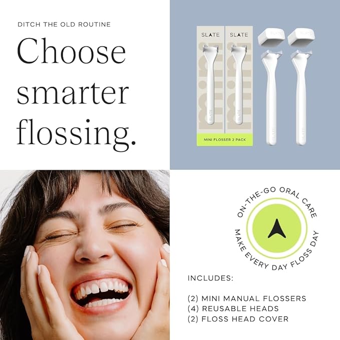 Slate Flosser Mini - Reusable Floss Pick with Gum Brush &amp Tongue Scraper Dentist-Invented PFAS/PTFE-Free Travel-Ready | White Mini Flosser 2-Pack