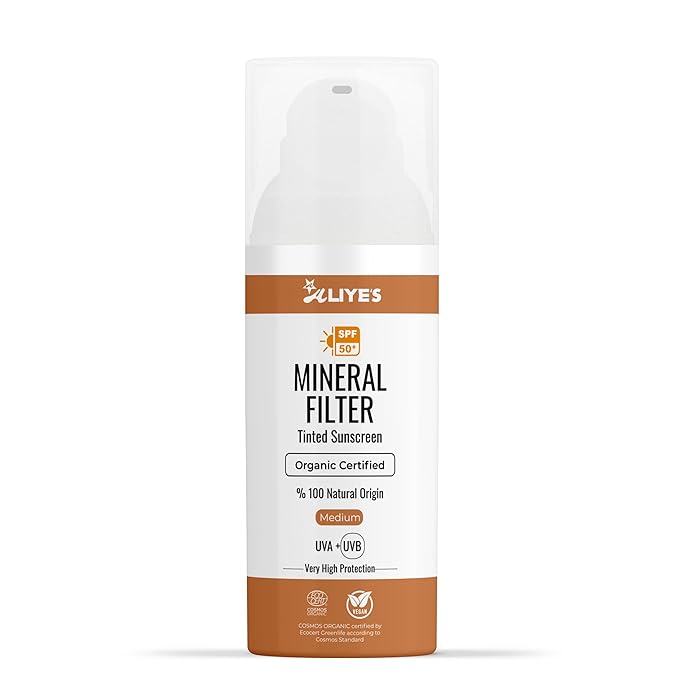 Aliye’s Tinted Organic Sunscreen SPF 50+ | Ecocert Cosmos Certified | 100% Mineral &amp Vegan Sun Protection | Safe for Sensitive Skin | 50ml (Medium)