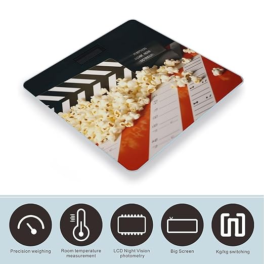 Cinema Clapboard and Popcorn Scale for Body Weight Safe Rounded Corners Tempered Glass Digital Bathroom Scale LED Display 400lb Capacity Weight Scales with High Precision Sensors