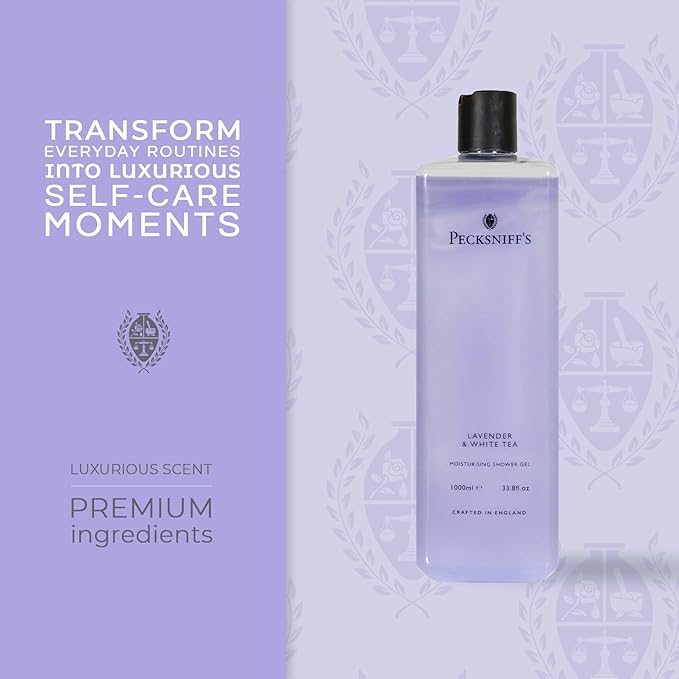 Pecksniff's 33.8 Fluid Oz Shower Gel (Lavender &amp White Tea) - Gentle Cleanser for Sensitive Skin - Moisturizing &amp Hydrating - All Natural Cruelty Free Body Wash - Vitamin B Enriched Body Wash