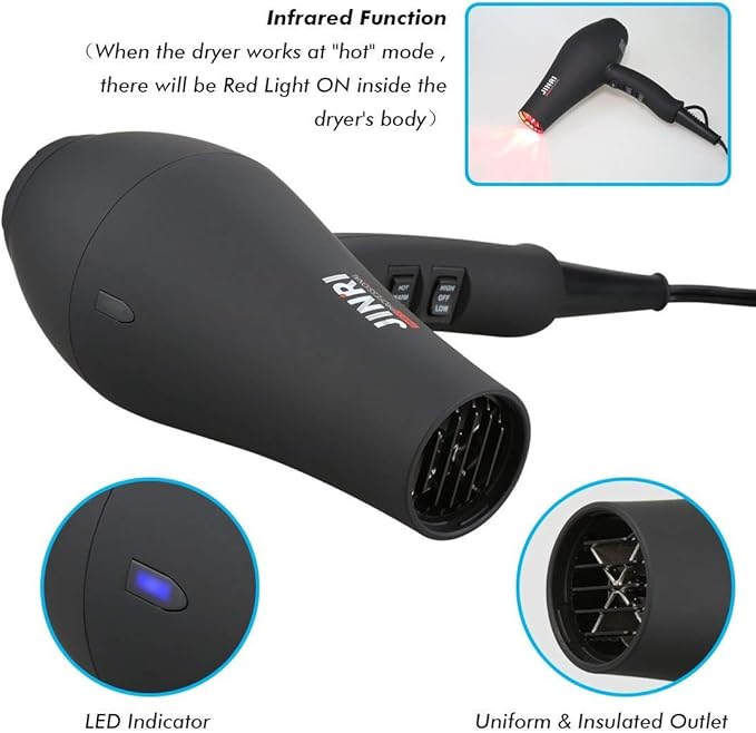 JINRI Hair Dryer 1875W 3 Heat &amp 2 Speed with Diffuser with Concentrator Ionic Technology &amp Infrared - Black Detachable Air Intake Hanging Strap Non-Foldable 125V JINRI-104