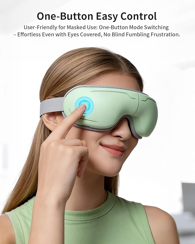 Eye Massager with Heat and Compression - Avocado Green Heated Eye Mask with Vibration Bluetooth Music 6 Modes Rechargeable 1200mAh Battery for Eye Strain Dry Eyes Migraines Relief