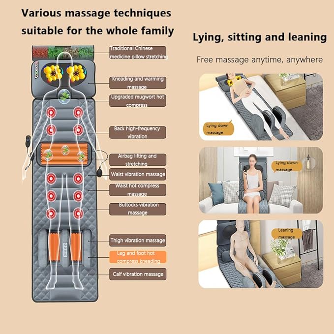 Back Massager Heated Massage Seat Cushion Nine-Level Intensity Adjustment 10/20/30 Minute Timer 10 Vibration Motors Leg and Foot Kneading Foldable Suitable for Home and Office Use