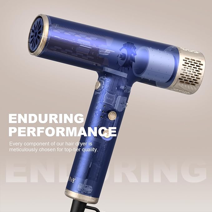 YAPOY Professional Hair Dryer with Diffuser Fast Drying 200 Million Ionic Blow Dryer with 110 000 RPM High-Speed No Heat Damage Intelligent Thermo-Control Low Noise Blue
