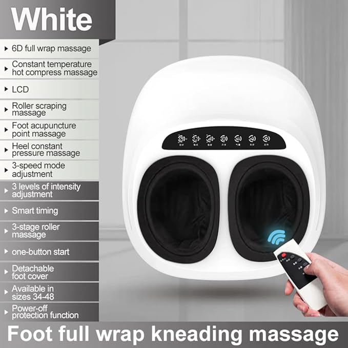 Foot Massager Machine with Heating 3 Massage/Pressure Modes Remote Control Electric Shiatsu Deep Kneading Heated Foot Massage for Plantar Fasciitis Neuropathy Pain Relief Therapy (White)