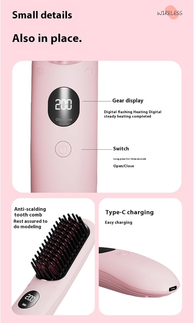 Cordless Hair Straightener Brush Portable Hair Straightening Brush with 5 Temperature Settings LED Display (01)