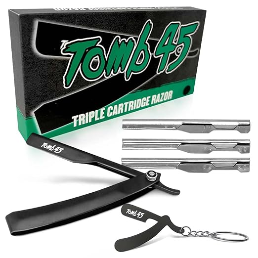Tomb45 Triple Cartridge Razor Holder | Disposable Razor Safety Handle For Barbers | 100% Metal Grip &amp 3 Adjustable Blade Exposure Options For Shaving | Men's Straight Edge Razors Manual Shaver
