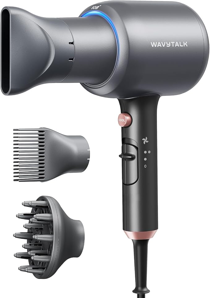 Wavytalk Blow Dryer Blown Away Ionic Hair Dryer for Curly Hair with Diffuser 1875W Fast Drying Blow Dryer with Ceramic Technology 3 Attachments for All Hair Types Light and Quiet Grey