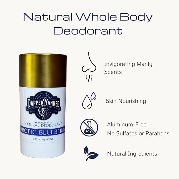 Dapper Yankee Arctic Blueberry Men's Deodorant - Long-Lasting Aluminum-Free Natural Deodorant for Men - Paraben-Free Baking Soda Free - Will Not Stain Clothes - Blueberry Scent