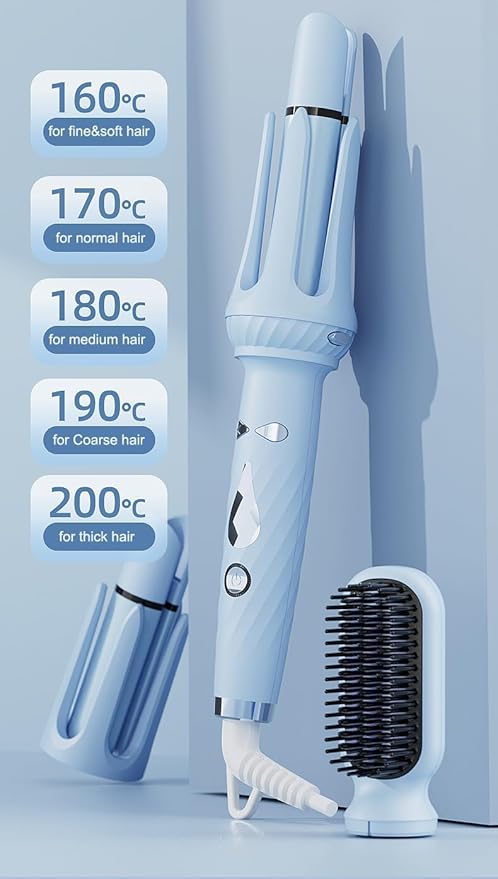 3-in-1 Automatic Curling Iron Multifunctional with 1 1.26 Interchangeable Barrel Salon Curls Waves Hair Straightener Brush for All Hair Lengths (Blue)