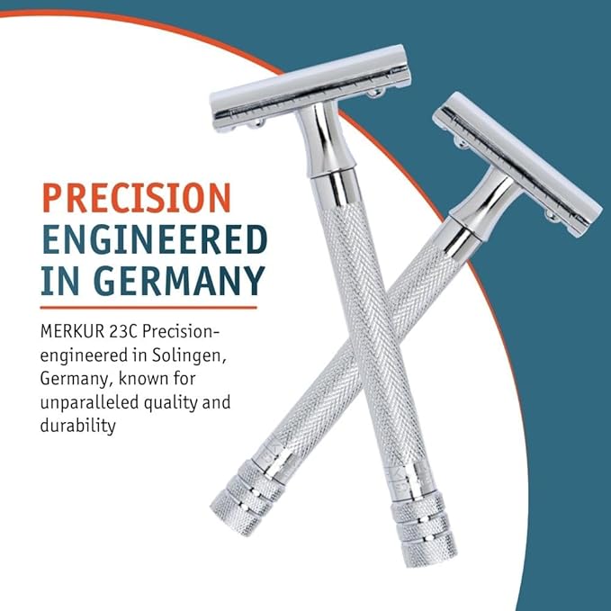 MERKUR 23C Double Edge Safety Razor - Polished Chrome Long Knurled Brass Handle Made in Germany Plastic-Free Three Piece Design Closed Comb Straight Bar